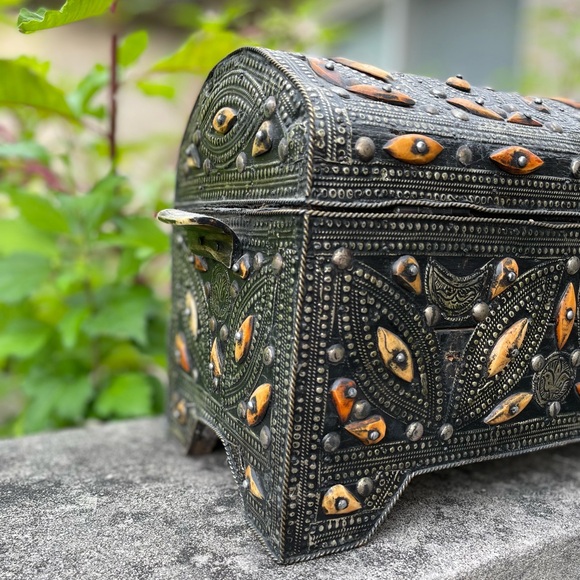 Antique Ornate Handcrafted Moroccan Evil Eye Wood Chest Decorative Box - Picture 7 of 15